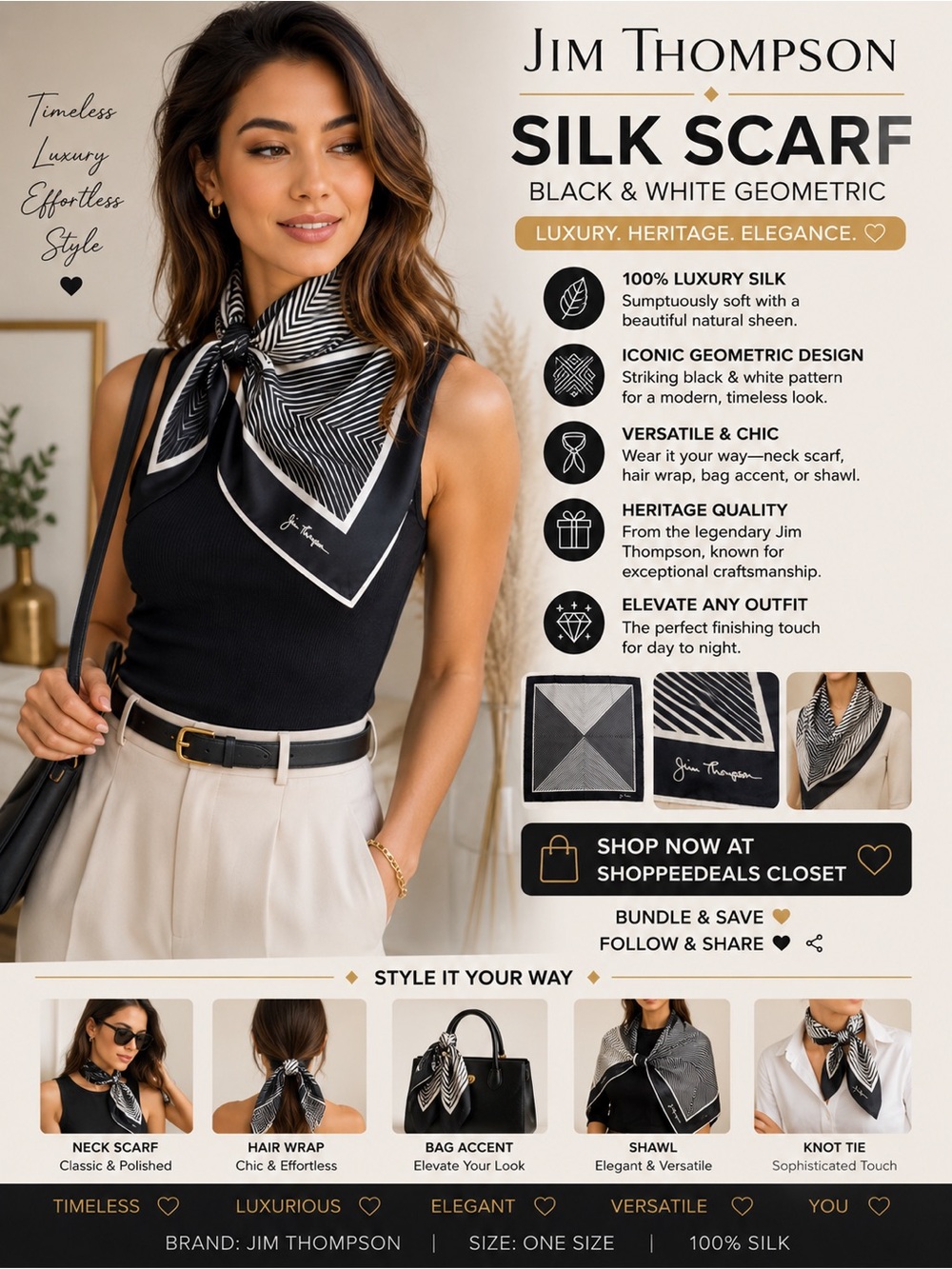 Jim Thompson Black & White Geometric Silk Scarf